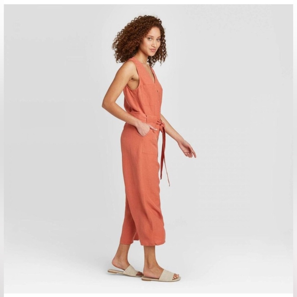 a new day terra cotta Sleeveless linen Jumpsuit size small